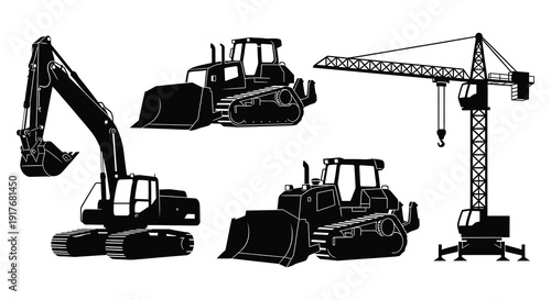 A black silhouette collection of construction vehicles including an excavator bulldozer and crane on transparent background high quality professional detailed modern
