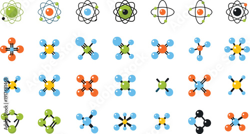 Atom and molecule vector icon set with chemical structure models and science symbols isolated on white background for education and laboratory design