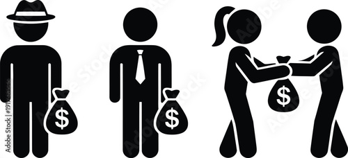 Illustration of people exchanging money bags in a business setting. Vector