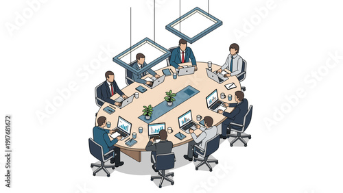 Wallpaper Mural Large group of professionals are engaged in a corporate meeting around an oval table with laptops and digital charts displayed. Torontodigital.ca