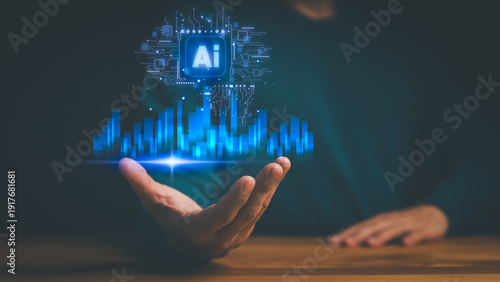 AI artificial intelligence technology for digital business innovation. Future data intelligence network and machine learning analytics for global financial automation success.