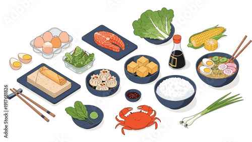Diverse spread of Asian cuisine features ramen noodles, sushi rolls, dumplings, steamed rice, cooked crab, and fresh vegetables.