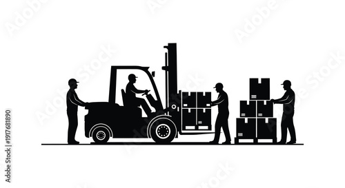 A black silhouette of a forklift moving boxes with workers ideal for logistics visuals on transparent background high quality professional detailed