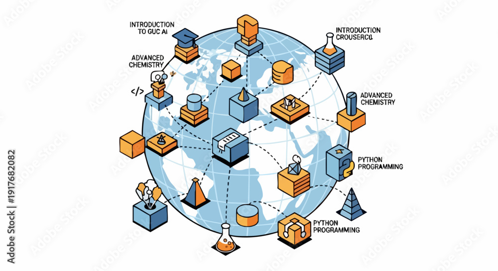 Fototapeta premium Global online education and e-learning isometric vector illustration. Includes interconnected courses like Introduction to AI, Advanced Chemistry, Python Programming