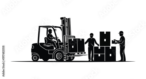 A black silhouette of a forklift moving boxes with workers illustrating logistics and warehousing on transparent background high quality professional detailed