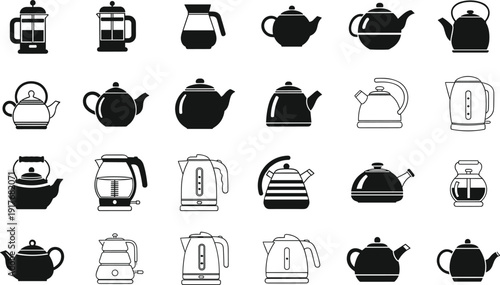 Modern Teapot and Kettle Icon Set Collection with Coffee Pot, Electric Kettle, and Teaware Silhouettes for Kitchen and Beverage Design Projects