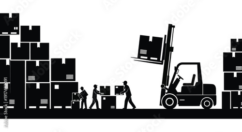 A black silhouette depicts a warehouse scene with boxes a forklift and workers on transparent background high quality professional detailed modern