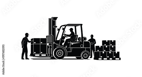 A black silhouette of a forklift and workers moving boxes ideal for logistics designs on transparent background high quality professional detailed