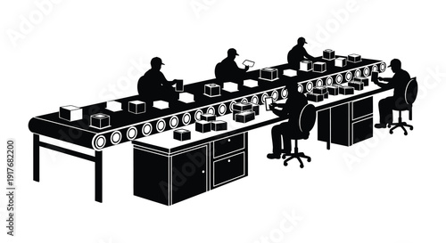 A black silhouette depicting workers at a conveyor belt in a factory setting on transparent background high quality professional detailed modern
