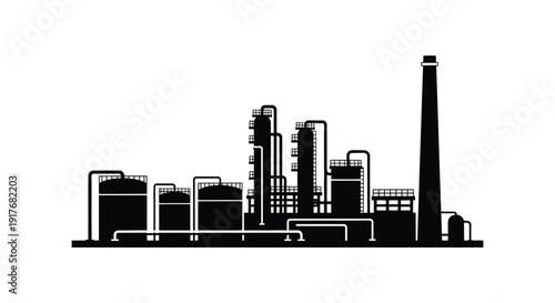 A striking black silhouette of an industrial cityscape with refinery structures on transparent background high quality professional detailed modern elegant stylish