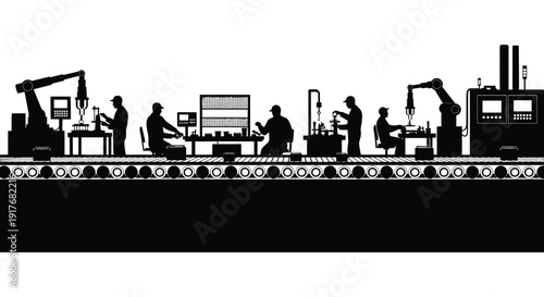 A black silhouette depicting a factory production line with various workers and machinery on transparent background high quality professional detailed modern
