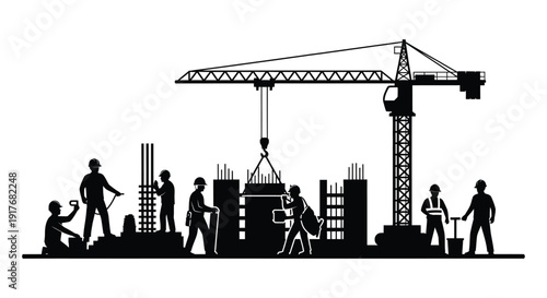 A black silhouette depicts construction workers and a crane against a white backdrop on transparent background silhouette high quality professional detailed