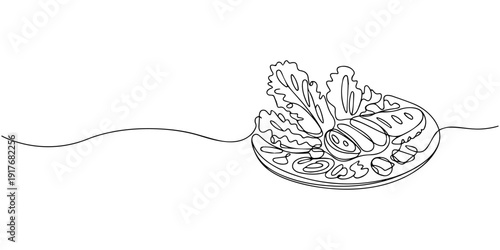 Caesar salad with grilled chicken continuous one line drawing