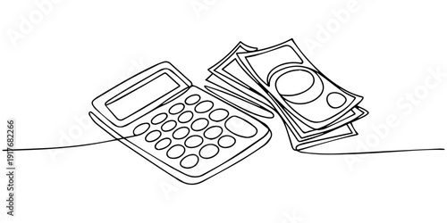 calculator and euros banknotes, new year finance, money and budget concept continuous one line drawing