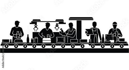 A black silhouette of a factory assembly line with workers and machinery on transparent background high quality professional detailed modern elegant