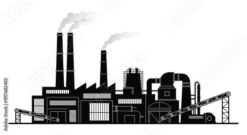 A black silhouette of an industrial factory complex with smokestacks emitting smoke on transparent background silhouette high quality professional detailed modern