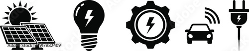 Renewable energy and electric vehicle silhouette icons set featuring solar panel, light bulb, gear, smart car, and charging plug symbols