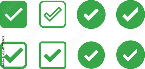  Modern Green Checkmark Icons Vector Set with Square Checkbox and Circle Badge Styles for Success Approval Confirmation and UI Positive Feedback Designs
