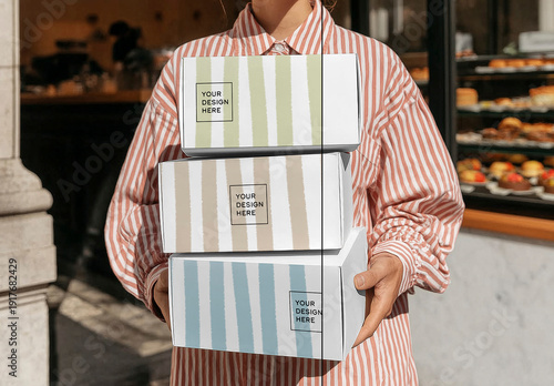 Stacked Bakery Boxes Mockup in Cafe Exterior Setting