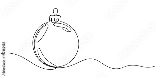 Continuous one line drawing of a round Christmas tree decoration. Drawing of a New Year ball with editable black stroke on white background. Vector illustration.