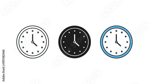 Three minimalist wall clocks showing different times isolated on white background vector illustration