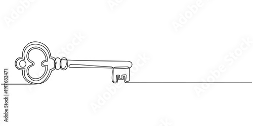 A minimalist one continuous line drawing of an elegant vintage key on a pure white background