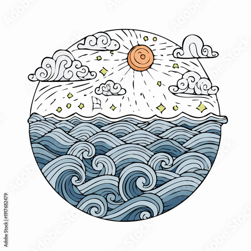 Stylized illustration of a sunny day over a wavy ocean with clouds and stars.
