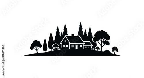 A charming black silhouette of a countryside house with trees and foliage ideal for design projects on transparent background high quality