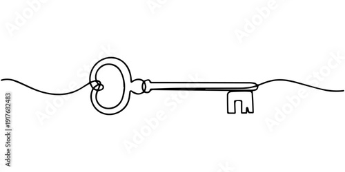 A minimalist one continuous line drawing of an elegant vintage key on a pure white background