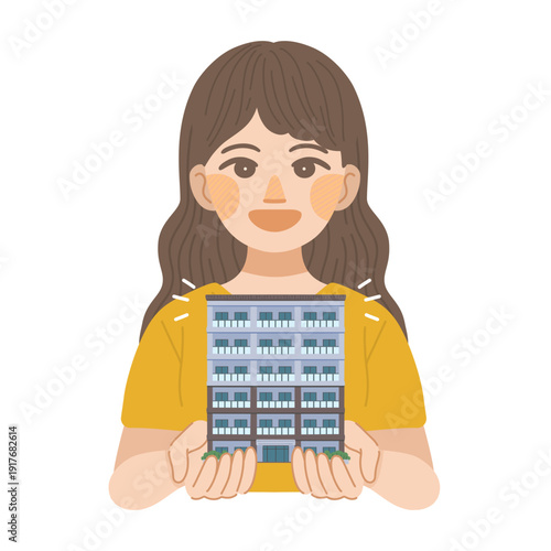 マンションに住む事を決めた、女性のイラスト