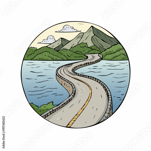A winding road curves across a body of water towards distant mountains under a cloudy sky.