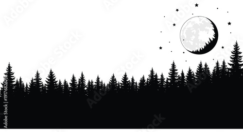 A serene nighttime landscape featuring a full moon silhouetted trees and scattered stars on transparent background silhouette high quality professional detailed