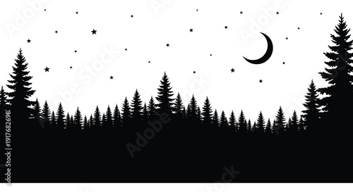 A serene nighttime landscape featuring a crescent moon stars and a silhouetted forest on transparent background high quality professional detailed modern