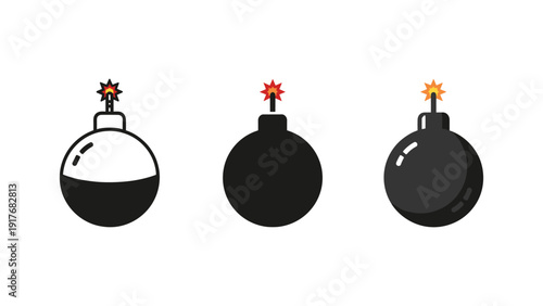 Three black bombs with lit fuses isolated on white background danger explosion concept