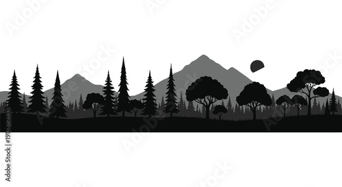 A scenic mountain range and forest landscape presented in a dark silhouette on transparent background high quality professional detailed modern elegant