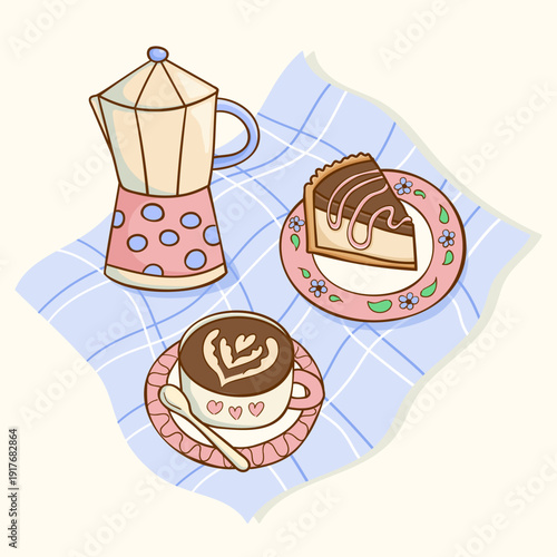 A cup of coffee, a slice of cheesecake for dessert, and a coffee pot on a checkered napkin. A hand-drawn modern doodle illustration.