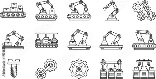 Industrial robotic arm and factory automation outline icons set featuring assembly line, conveyor belt, gears, and manufacturing technology symbols