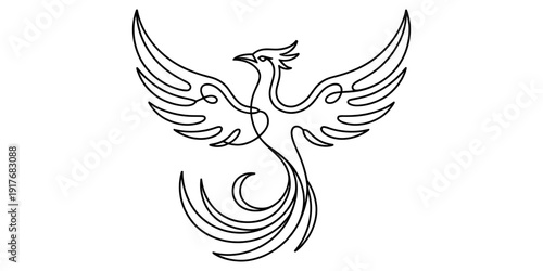 Continuous line drawing of a mythical phoenix bird with wings spread wide against a white background.