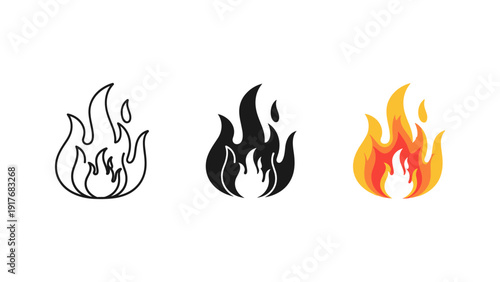Three stylized fire icons hand drawn flames vector illustration set for energy passion danger concept