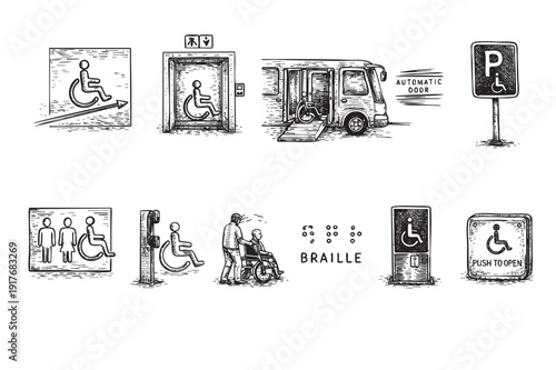 Hand-drawn illustration features accessibility symbols: wheelchair access, ramps, braille, parking, restrooms. Perfect for website design, print materials, and presentations about inclusivity.