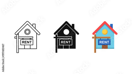 Three colorful rental house icons with for rent signs flat design vector illustration