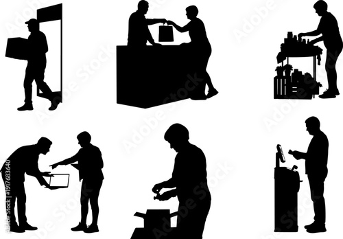 Small Business Entrepreneurs Silhouettes: Delivery, Sales, Stock Vector Illustration
