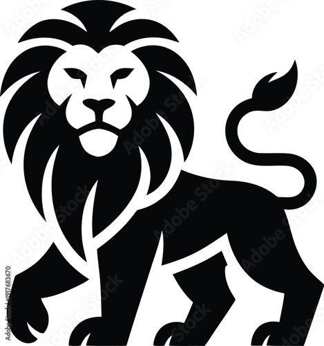 A majestic black and white illustration of a lion with a flowing mane. Vector
