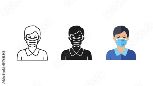 Three diverse professionals wearing face masks for health safety and protection in office or medical environment