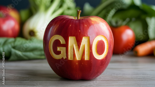 A red apple with GMO label surrounded by fresh vegetables on a wooden table