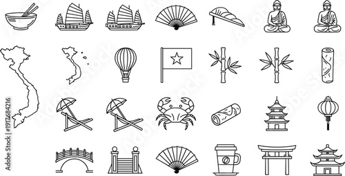 Asian Culture and Travel Line Icon Set with Pagoda, Bamboo, Fan, Sushi, Vietnam Map, Temple, Lantern, and Traditional Symbols for Tourism Design