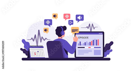 Man with headphones creating podcast episode with audio waveform and calendar