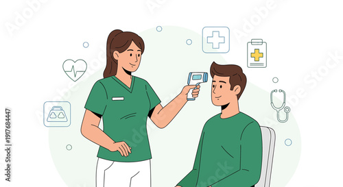Nurse checking patient's temperature with infrared thermometer, healthcare icons