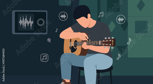 Musician Playing Guitar and Learning Music Online with Tablet