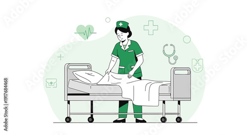 Nurse Making Hospital Bed with Medical Icons, Healthcare Illustration